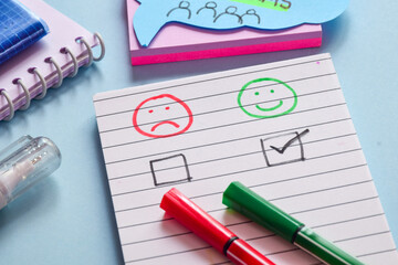 Good and bad emoticon faces for customer satisfaction survey checkbox. Conceptual, selective focus.