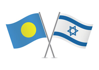 Palau and Israel crossed flags. Palauan and Israeli flags on white background. Vector icon set. Vector illustration.