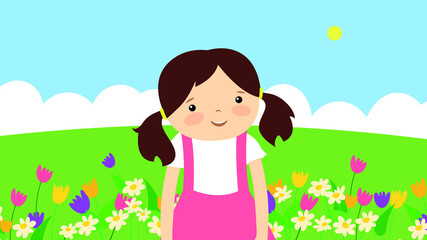 Obraz na płótnie Canvas The girl on the lawn with flowers rejoices