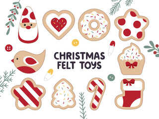 Vector set of felt Gingerbread Christmas toys isolated on white background. Decorative Christmas Gingerbread Cookies, tree, sock, star, cookie, candy, star, heart, donut, bird, gnome.
