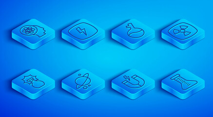 Set line Atom, Lightning bolt, Test tube, Planet Saturn, Magnet, Radioactive, Explosion the flask and icon. Vector