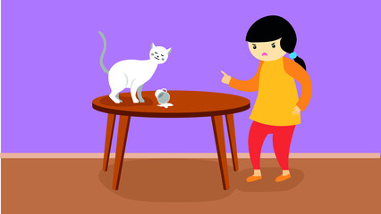 Girl scolding a cat for an overturned cup on the table