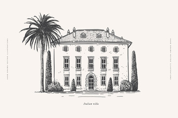 Ancient villa with cypresses and palm trees in engraving style. Traditional country architecture of the south of Europe. Vector vintage illustration on a light isolated background. - obrazy, fototapety, plakaty