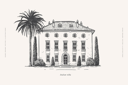 Ancient villa with cypresses and palm trees in engraving style. Traditional country architecture of the south of Europe. Vector vintage illustration on a light isolated background.