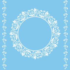 Decorative frame Elegant vector element for design in Eastern style, place for text. Floral blue and white border. Lace illustration for invitations and greeting cards