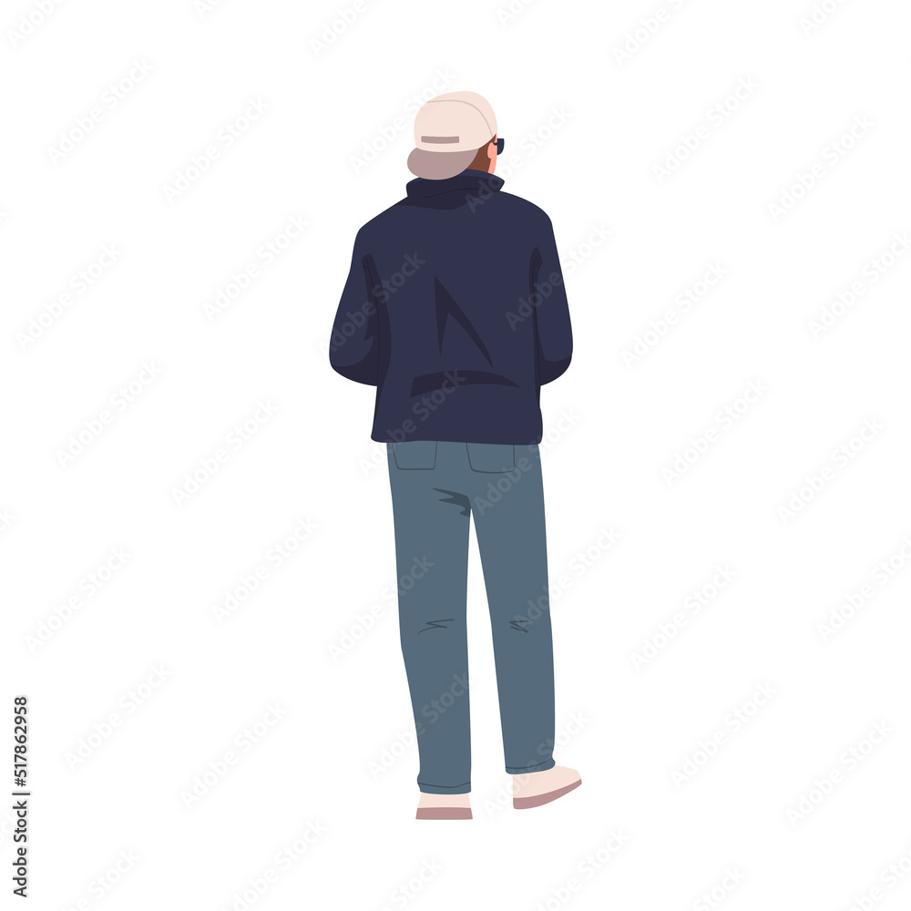 Sticker Man Character in Hoody and Cap Standing Back View Vector Illustration