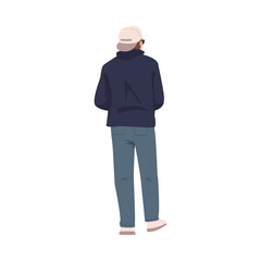 Man Character in Hoody and Cap Standing Back View Vector Illustration