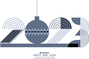 2023 numbers in minimalist style. New Year sign with lines and simple geometric shapes. Christmas card with grey color ball with decoration Bauhaus flyer. Vector 2d illustration on white background