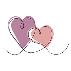 Hearts one line art illustration. Love and Valentine's day concept. Design element for greeting cards, invitations, posters. Hand drawn vector