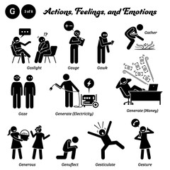 Stick figure human people man action, feelings, and emotions icons alphabet G. Gaslight, gauge, gawk, gather, gaze, generate electricity, generate money, generous, genuflect, gesticulate, and gesture.