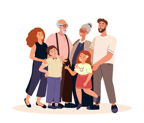 Family support,love,help concept.Happy senior parents,adult daughter and son,kids,grandchildren portrait.Harmony in healthy bonding relationships.Flat vector illustration isolated on white background