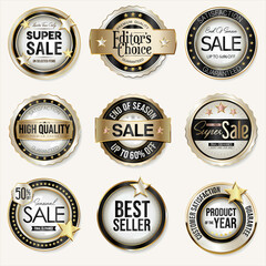 Collection of super sale and customer satisfaction warranty guaranteed gold and black badges