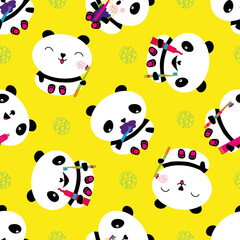 Kawaii panda kids dental health care vector educational seamless pattern background. Cute cartoon bears with toothbrush, toothe paste, brushing teeth. Teddy bears and bubbles in gender neutral colors.