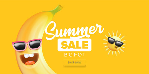 Summer sale funny horizontal banner with cartoon sun and funky banana character isolated on summer orange background. Vector 3d horizontal summer hot sale poster, flyer, banner, tag and background