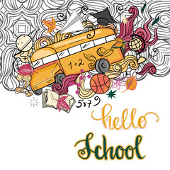 Back to school doodle background. Hand drawn illustration with school supplies and creative elements.