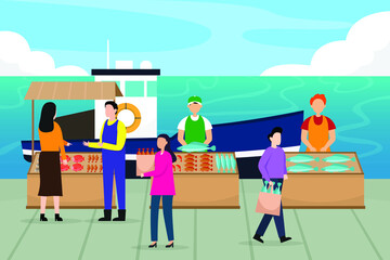 People buying fish from the fish market and fisherman near the port