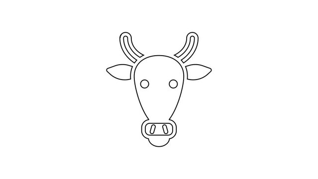 Black line Cow head icon isolated on white background. 4K Video motion graphic animation