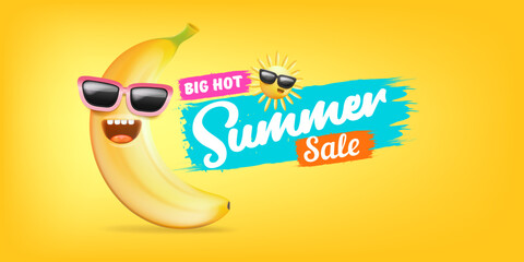 Naklejka premium Summer sale funny horizontal banner with cartoon sun and funky banana character isolated on summer orange background. Vector 3d horizontal summer hot sale poster, flyer, banner, tag and background