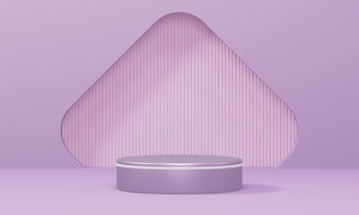 Empty minimalistic pink podium with white rim in studio lighting. A single cylinder on a pink background with an opening in the form of a rhombus with rounded edges. 3d render