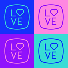 Pop art line Love text icon isolated on color background. Valentines day greeting card template. Vector