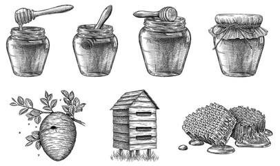 Vintage engrave isolated honey set illustration ink sketch © Turaev