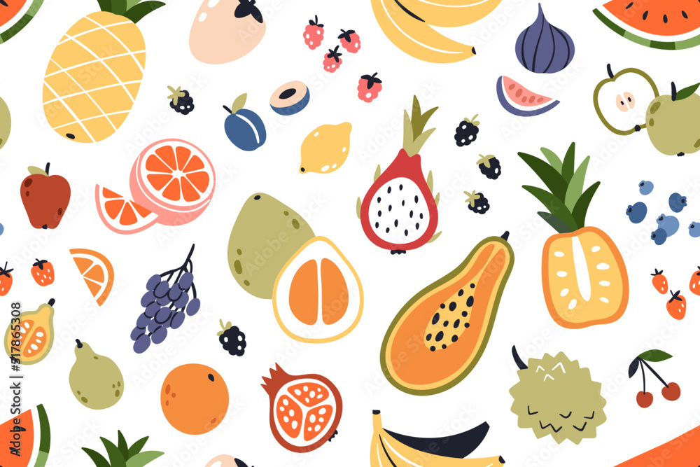 Poster seamless fruity pattern. tropical background with summer fruits and berries repeating print. printab