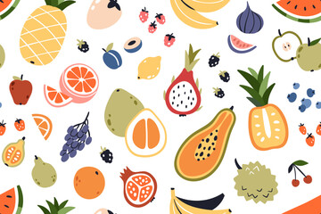 Seamless fruity pattern. Tropical background with summer fruits and berries repeating print. Printable endless texture design with exotic healthy vitamin food. Colored flat graphic vector illustration - obrazy, fototapety, plakaty