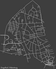 Detailed negative navigation white lines urban street roads map of the ZIEGELHOF DISTRICT of the German regional capital city of Oldenburg, Germany on dark gray background