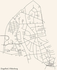Detailed navigation black lines urban street roads map of the ZIEGELHOF DISTRICT of the German regional capital city of Oldenburg, Germany on vintage beige background