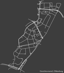 Detailed negative navigation white lines urban street roads map of the GERICHTSVIERTEL DISTRICT of the German regional capital city of Oldenburg, Germany on dark gray background
