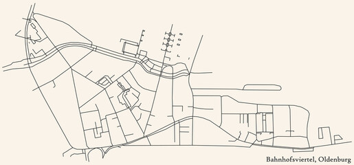 Fototapeta premium Detailed navigation black lines urban street roads map of the BAHNHOFSVIERTEL DISTRICT of the German regional capital city of Oldenburg, Germany on vintage beige background