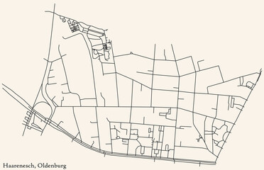 Detailed navigation black lines urban street roads map of the HAARENESCH DISTRICT of the German regional capital city of Oldenburg, Germany on vintage beige background