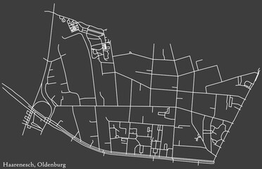 Detailed negative navigation white lines urban street roads map of the HAARENESCH DISTRICT of the German regional capital city of Oldenburg, Germany on dark gray background