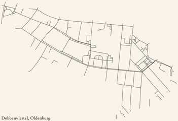 Detailed navigation black lines urban street roads map of the DOBBENVIERTEL DISTRICT of the German regional capital city of Oldenburg, Germany on vintage beige background
