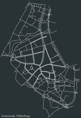 Detailed negative navigation white lines urban street roads map of the INNENSTADT ZENTRUM DISTRICT of the German regional capital city of Oldenburg, Germany on dark gray background