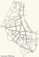 Detailed navigation black lines urban street roads map of the INNENSTADT ZENTRUM DISTRICT of the German regional capital city of Oldenburg, Germany on vintage beige background