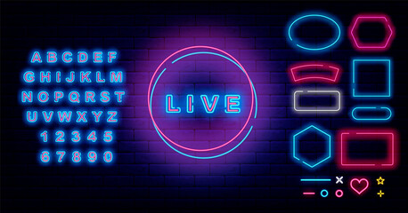Live neon signboard. On air label. Radio podcast badge. Frames collection. Shiny blue alphabet. Vector illustration