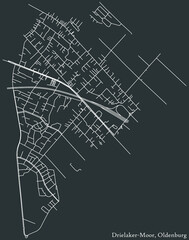 Detailed negative navigation white lines urban street roads map of the DRIELAKER MOOR DISTRICT of the German regional capital city of Oldenburg, Germany on dark gray background