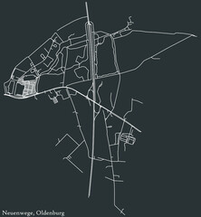 Detailed negative navigation white lines urban street roads map of the NEUENWEGE DISTRICT of the German regional capital city of Oldenburg, Germany on dark gray background