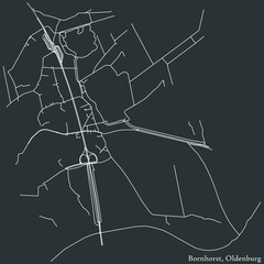 Detailed negative navigation white lines urban street roads map of the BORNHORST DISTRICT of the German regional capital city of Oldenburg, Germany on dark gray background