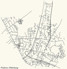 Detailed navigation black lines urban street roads map of the NADORST DISTRICT of the German regional capital city of Oldenburg, Germany on vintage beige background