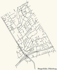 Detailed navigation black lines urban street roads map of the BÜRGERFELDE DISTRICT of the German regional capital city of Oldenburg, Germany on vintage beige background