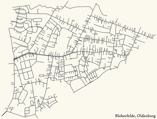 Detailed navigation black lines urban street roads map of the BLOHERFELDE DISTRICT of the German regional capital city of Oldenburg, Germany on vintage beige background