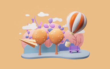 Cartoon hot air balloon with park scene, 3d rendering.