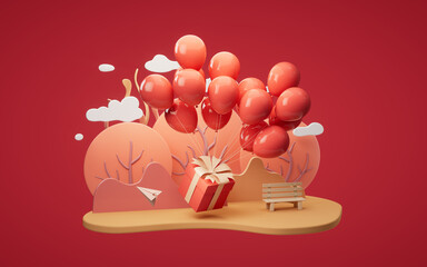 Gift box with balloons with cartoon style, 3d rendering.