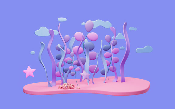 Seabed scene with cartoon style, 3d rendering.