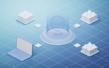 Transparent data sphere with server hardware, 3d rendering.
