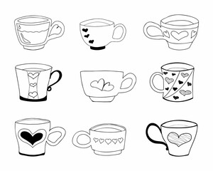 Set of hand drawn various vintage tea cups, coffee mugs decorated with hearts. Mug Set. Doodle Mug symbols. Hand drawn cup elements for design. Isolated on white background.