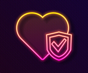 Glowing neon line Life insurance with shield icon isolated on black background. Security, safety, protection, protect concept. Vector