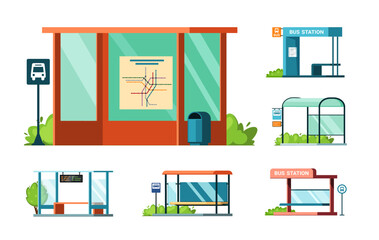 bus station. municipal city buildings outdoor stop station for urban transport. Vector flat illustrations